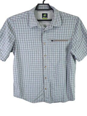 Mens NordicTrack Gray & Blue Checkered Button Up Shirt Short Sleeve Size M